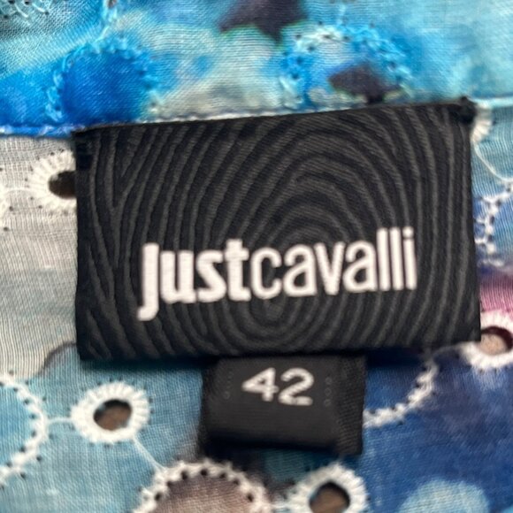 Justcavalli Womens Blue Cotton Printed Blouse Ruffled Sleeves & Leopard Trim 42 - Picture 7 of 9